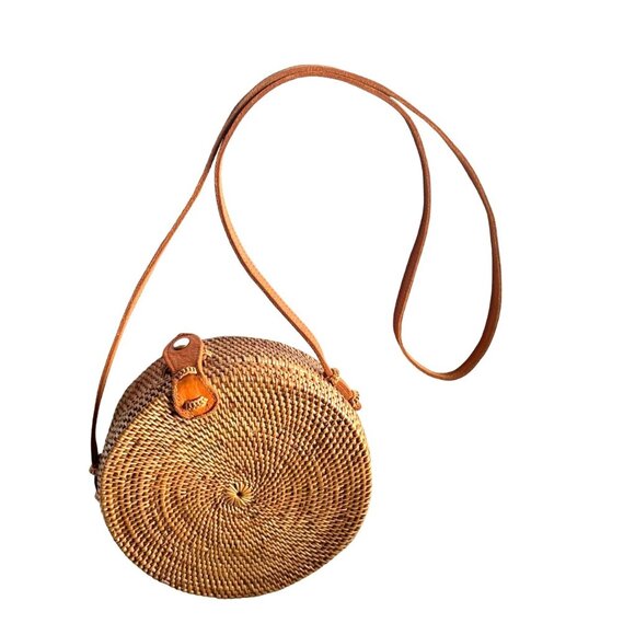 Straw Studios Handbags - Straw Studios Hand Woven Circular Round Shoulder Crossbody Bag Women's Brown